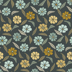 '- Retro Floral Pattern 8 Fabric - Floral design - Blue, mustard, beige flowers - Green, brown leaves - Vintage style - Quilting fabric - Cotton material - Handmade aesthetic - Decorative textile - Soft texture