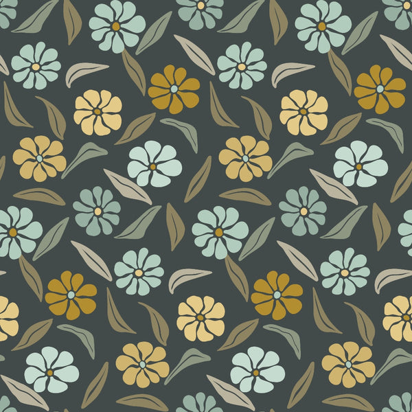 '- Retro Floral Pattern 8 Fabric - Floral design - Blue, mustard, beige flowers - Green, brown leaves - Vintage style - Quilting fabric - Cotton material - Handmade aesthetic - Decorative textile - Soft texture