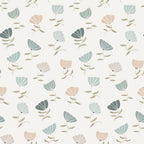 '- Retro Floral Pattern 9 Fabric - Soft beige background - Muted blue, teal, and peach flowers - Delicate leaves and stems - Vintage style floral design - Cotton textile material - Quilting fabric with a gentle drape - Suitable for sewing and craft projects