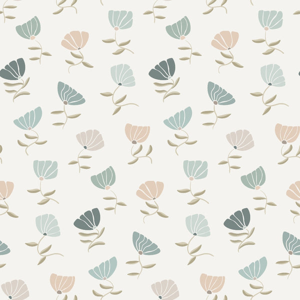 '- Retro Floral Pattern 9 Fabric - Soft beige background - Muted blue, teal, and peach flowers - Delicate leaves and stems - Vintage style floral design - Cotton textile material - Quilting fabric with a gentle drape - Suitable for sewing and craft projects