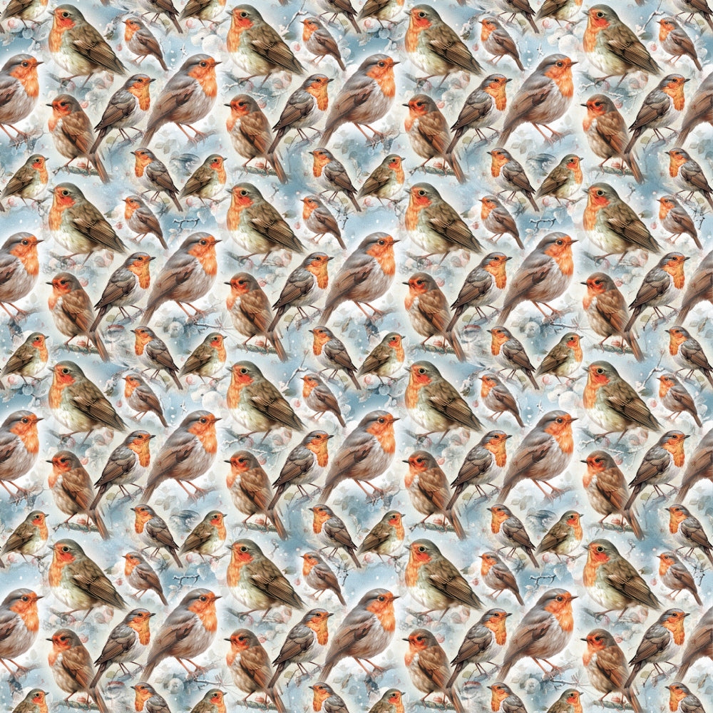 Pattern of painted robins on a blue and white background, showing various birds posed differently, creating a repeating and seamless design.