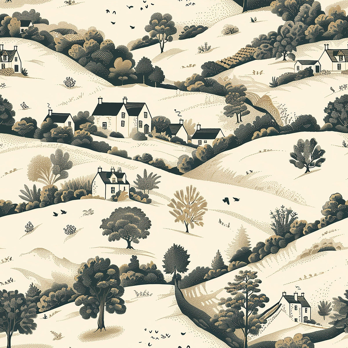Countryside Cottages Pattern 3 Fleece Fabric