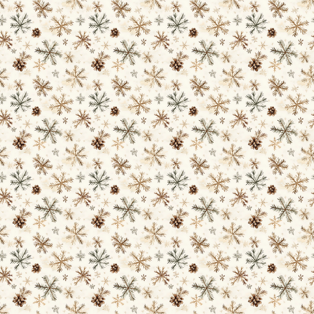 Pattern of brown and black pinecones, branches, and snowflakes on a cream background.
