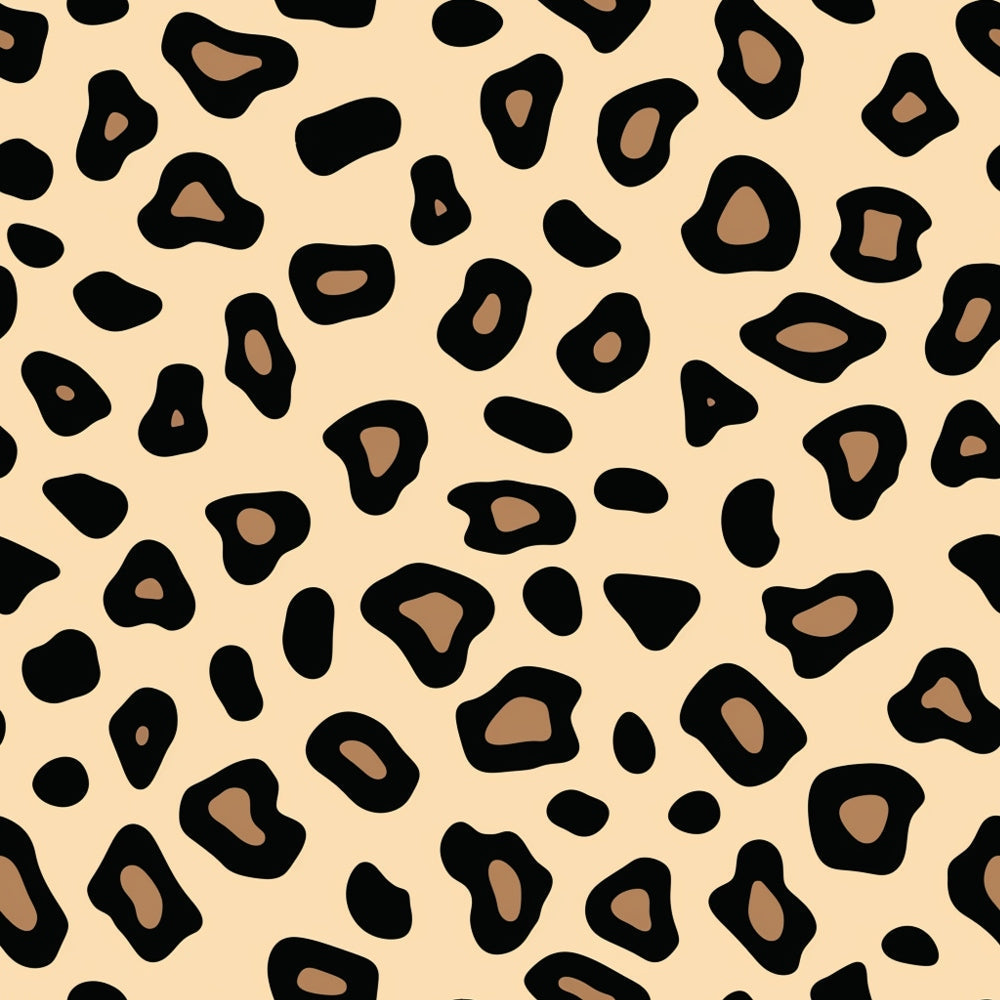 Leopard print pattern with black and brown spots on a beige background.