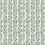 Pattern of vertical olive green leafy branches on a white background.