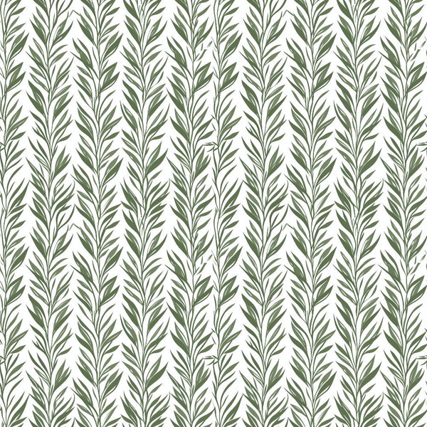 Pattern of vertical olive green leafy branches on a white background.
