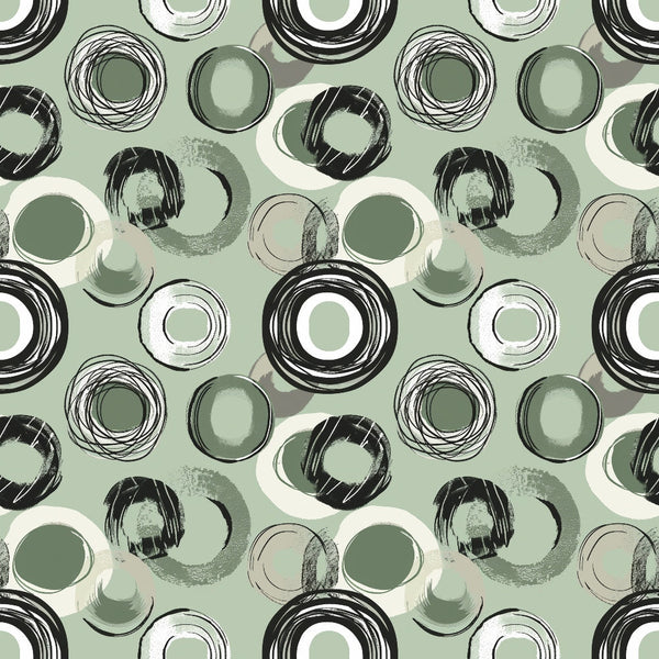 Abstract pattern with overlapping circles in black, white, and green on a light green background.