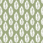 Pattern of white feather silhouettes on a green background, evenly spaced in vertical rows.
