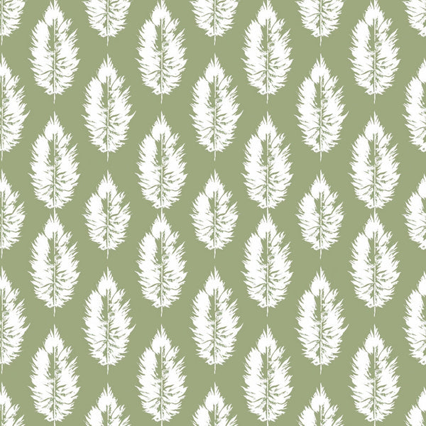 Pattern of white feather silhouettes on a green background, evenly spaced in vertical rows.