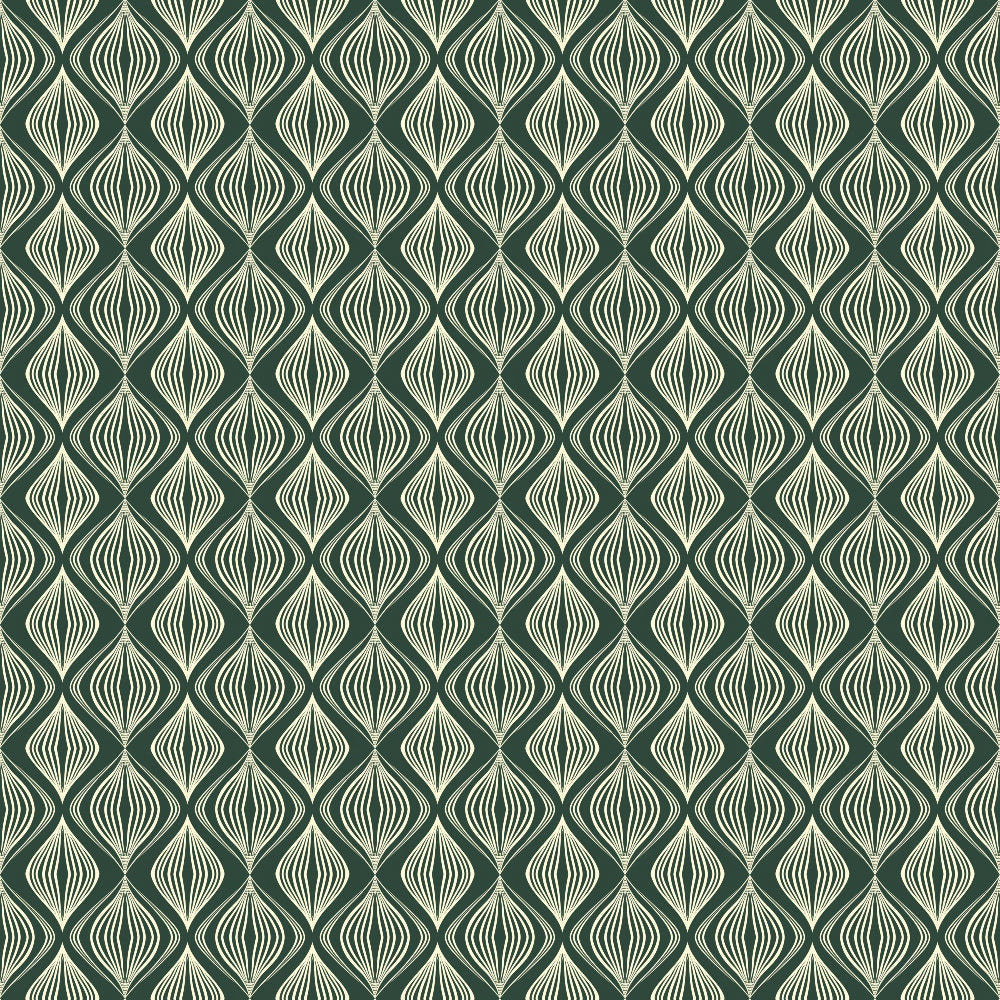 A geometric pattern with interlocking, wavy teal and cream lines forming a seamless, repetitive design.