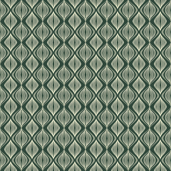 A geometric pattern with interlocking, wavy teal and cream lines forming a seamless, repetitive design.