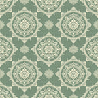 Seamless pattern with intricate cream mandalas on a muted green background.
