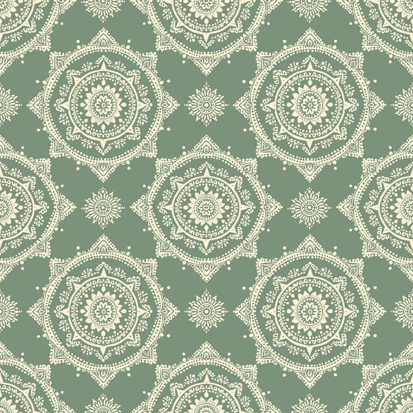 Seamless pattern with intricate cream mandalas on a muted green background.