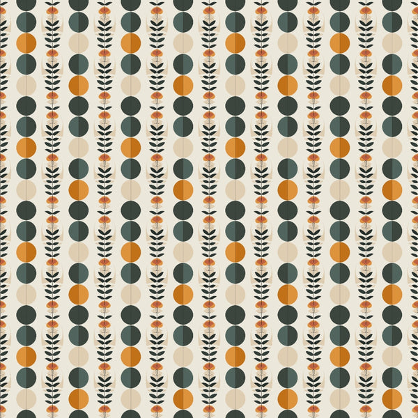 Pattern with vertical rows of alternating dark green and orange circles, interspersed with fern-like leaf designs, on a light background.