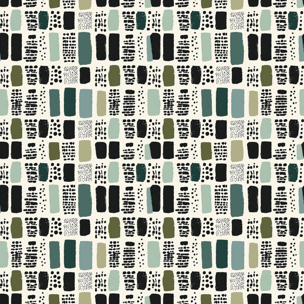 Pattern of rectangles and dots in green, black, and gray on a light background, arranged in a grid-like formation.
