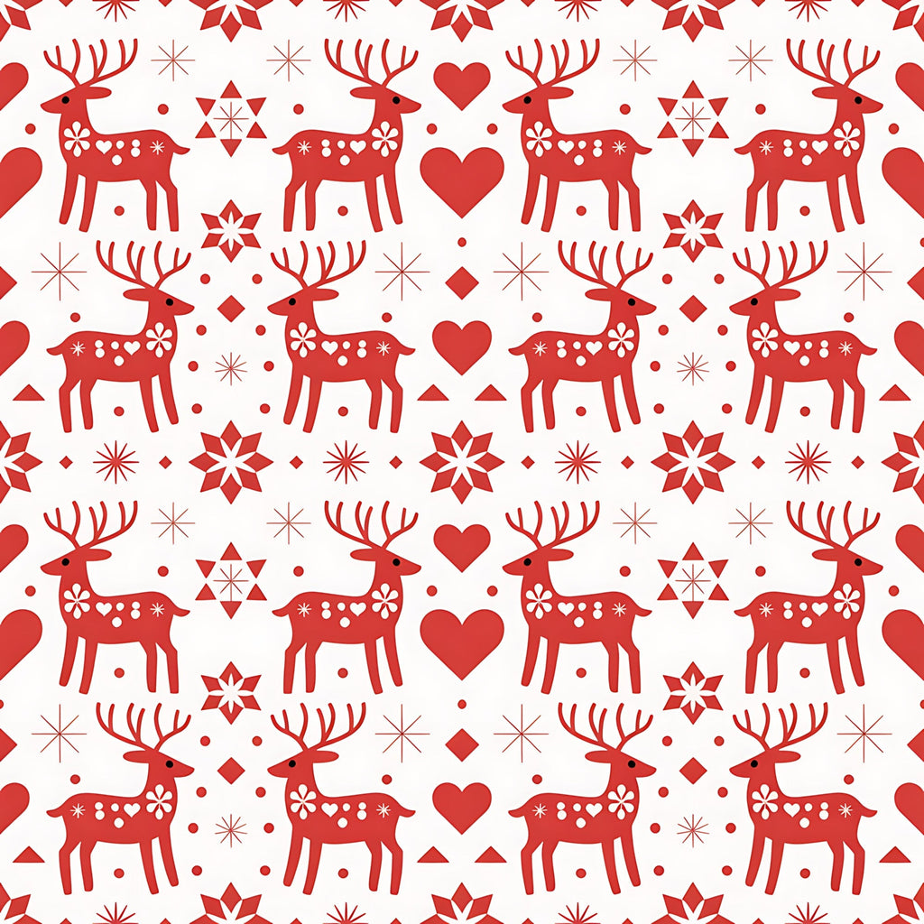 red, white, reindeer, deer, hearts, snowflakes, stars, geometric shapes, scandinavian folk, nordic design, christmas pattern, holiday motif,, fabric panel, repeating pattern, folk art style, winter theme, festive design, decorative elements, symmetrical layout