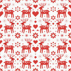 red, white, reindeer, deer, hearts, snowflakes, stars, geometric shapes, scandinavian folk, nordic design, christmas pattern, holiday motif,, fabric panel, repeating pattern, folk art style, winter theme, festive design, decorative elements, symmetrical layout