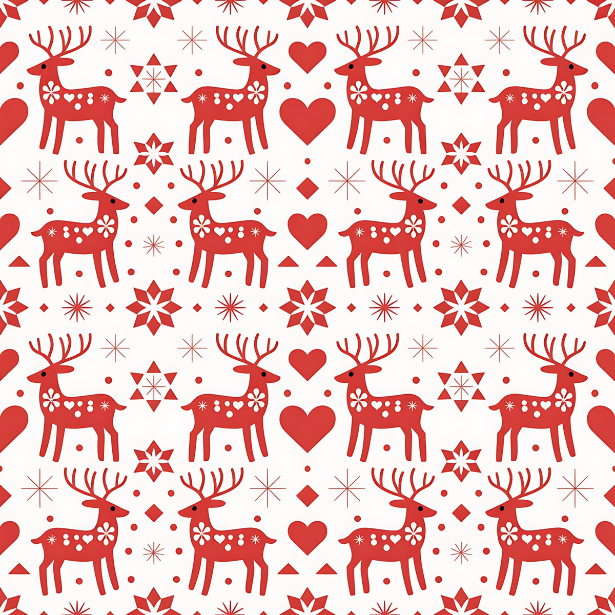 red, white, reindeer, deer, hearts, snowflakes, stars, geometric shapes, scandinavian folk, nordic design, christmas pattern, holiday motif,, fabric panel, repeating pattern, folk art style, winter theme, festive design, decorative elements, symmetrical layout