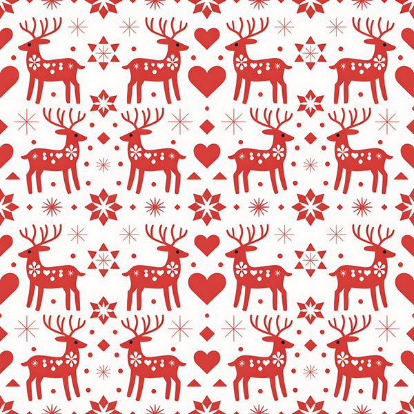 red, white, reindeer, deer, hearts, snowflakes, stars, geometric shapes, scandinavian folk, nordic design, christmas pattern, holiday motif,, fabric panel, repeating pattern, folk art style, winter theme, festive design, decorative elements, symmetrical layout