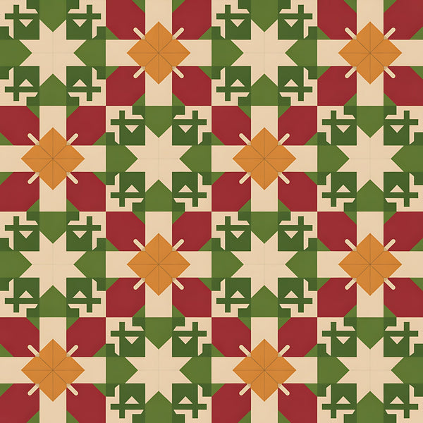 forest green, burgundy red, cream beige, orange amber, geometric stars, folk motifs, cross patterns, diamond shapes, scandinavian design, christmas theme, holiday pattern,, fabric panel, winter colors, nordic style, repeating pattern, festive motifs, earthy tones, rustic charm