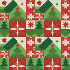 red, green, cream, beige, christmas trees, geometric stars, folk art, scandinavian design,, fabric panel, holiday motifs, repeating pattern, festive colors, winter theme, nordic style, patchwork blocks, decorative stars, seasonal fabric, christmas quilting, geometric shapes