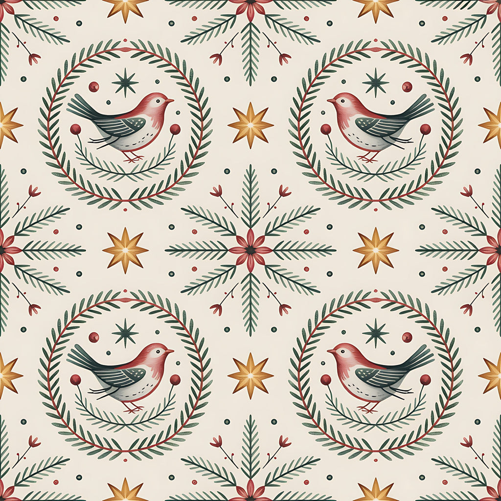 scandinavian folk, christmas pattern,, fabric panel, winter birds, robins, wreath motifs, pine branches, eight-pointed stars, burgundy red, forest green, cream background, golden yellow, folk art style, botanical elements, repeating pattern, holiday fabric, bird illustrations, evergreen sprigs, festive design