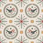 scandinavian folk, christmas pattern,, fabric panel, winter birds, robins, wreath motifs, pine branches, eight-pointed stars, burgundy red, forest green, cream background, golden yellow, folk art style, botanical elements, repeating pattern, holiday fabric, bird illustrations, evergreen sprigs, festive design