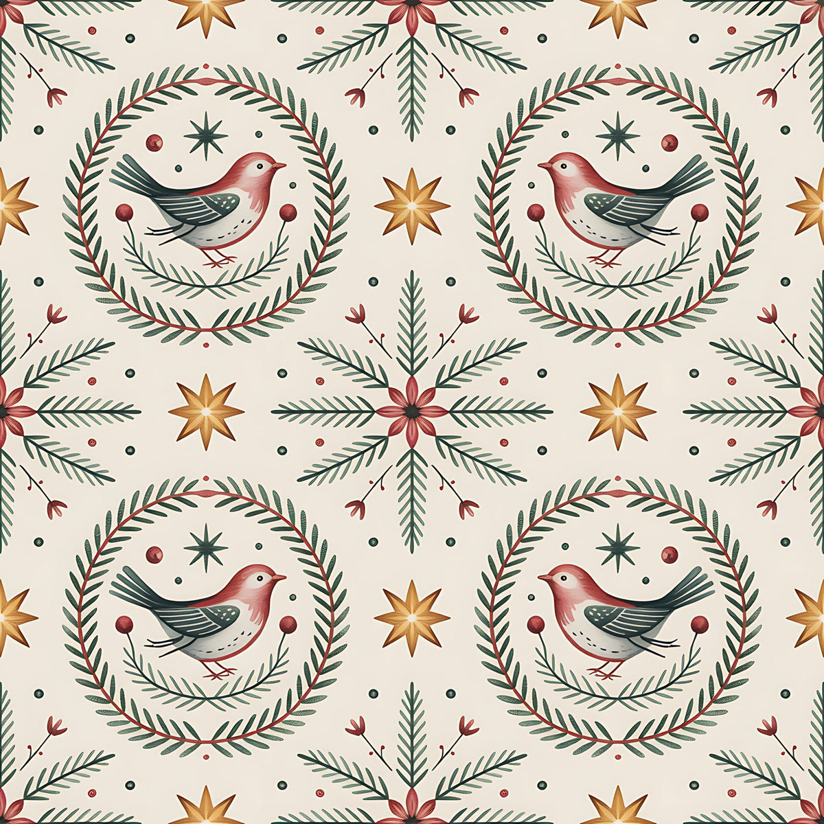 scandinavian folk, christmas pattern,, fabric panel, winter birds, robins, wreath motifs, pine branches, eight-pointed stars, burgundy red, forest green, cream background, golden yellow, folk art style, botanical elements, repeating pattern, holiday fabric, bird illustrations, evergreen sprigs, festive design