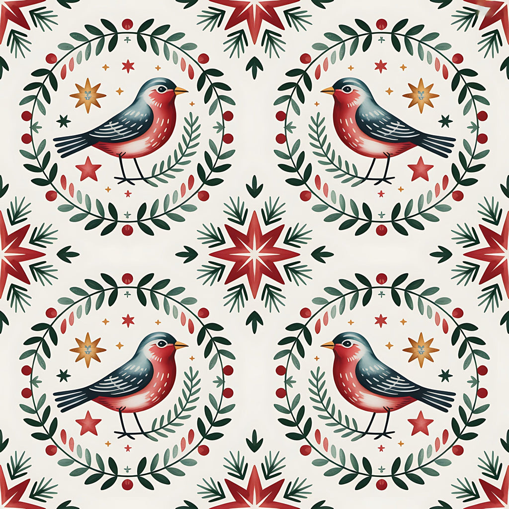 red, green, cream, beige, orange, robins, birds, wreaths, stars, folk art, scandinavian, christmas, winter, botanical, leaves, berries,, fabric panel, geometric patterns, seasonal motifs, holiday design, nordic style