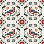 red, green, cream, beige, orange, robins, birds, wreaths, stars, folk art, scandinavian, christmas, winter, botanical, leaves, berries,, fabric panel, geometric patterns, seasonal motifs, holiday design, nordic style