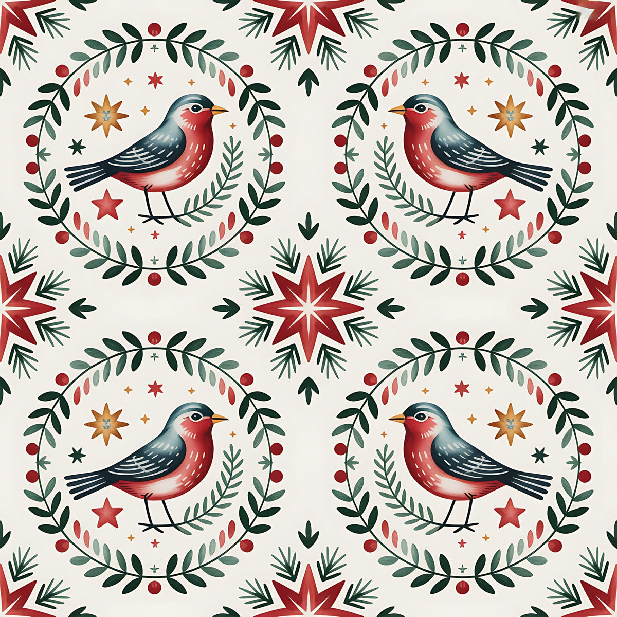 red, green, cream, beige, orange, robins, birds, wreaths, stars, folk art, scandinavian, christmas, winter, botanical, leaves, berries,, fabric panel, geometric patterns, seasonal motifs, holiday design, nordic style