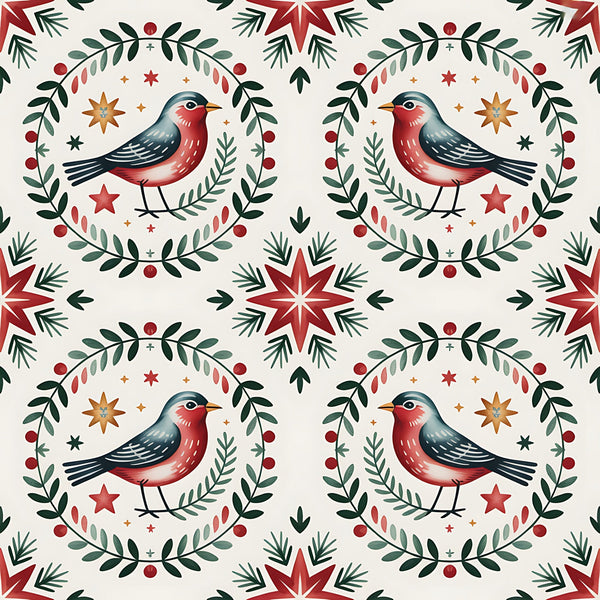 red, green, cream, beige, orange, robins, birds, wreaths, stars, folk art, scandinavian, christmas, winter, botanical, leaves, berries,, fabric panel, geometric patterns, seasonal motifs, holiday design, nordic style