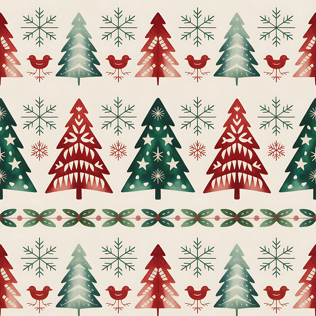christmas trees, snowflakes, red birds, folk art, scandinavian style, geometric patterns, red green cream, winter motifs,, fabric panel, festive design, decorative borders, holiday theme, nordic style, repeating pattern, seasonal fabric, craft material, cotton fabric, christmas motifs, winter birds