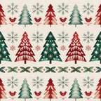 christmas trees, snowflakes, red birds, folk art, scandinavian style, geometric patterns, red green cream, winter motifs,, fabric panel, festive design, decorative borders, holiday theme, nordic style, repeating pattern, seasonal fabric, craft material, cotton fabric, christmas motifs, winter birds