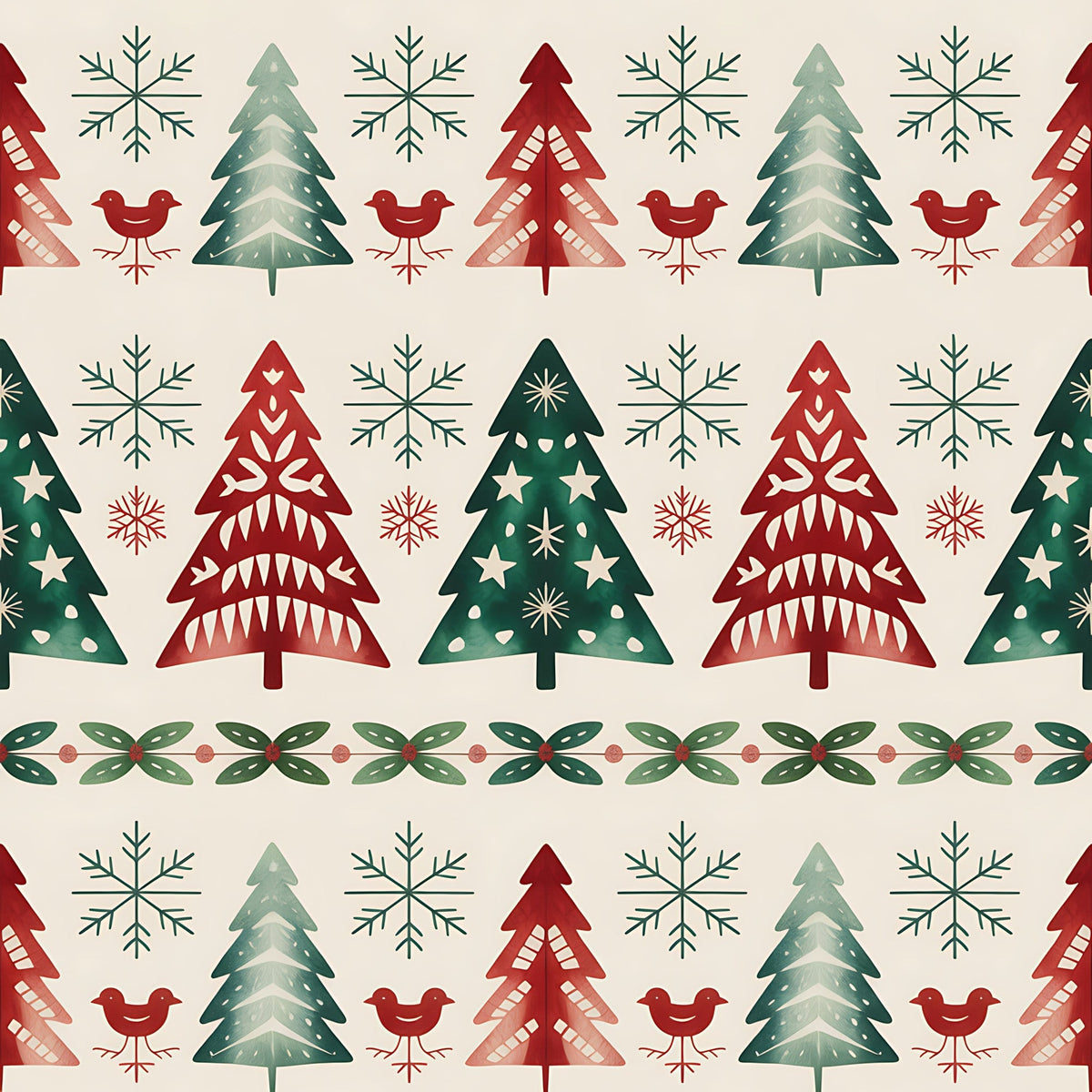 christmas trees, snowflakes, red birds, folk art, scandinavian style, geometric patterns, red green cream, winter motifs,, fabric panel, festive design, decorative borders, holiday theme, nordic style, repeating pattern, seasonal fabric, craft material, cotton fabric, christmas motifs, winter birds