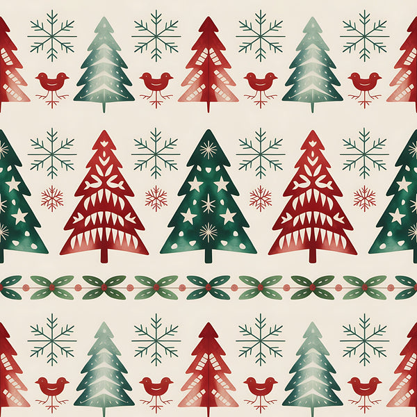 christmas trees, snowflakes, red birds, folk art, scandinavian style, geometric patterns, red green cream, winter motifs,, fabric panel, festive design, decorative borders, holiday theme, nordic style, repeating pattern, seasonal fabric, craft material, cotton fabric, christmas motifs, winter birds