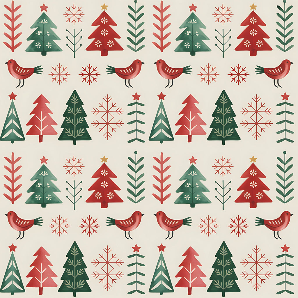 red, green, beige, cream, christmas trees, birds, snowflakes, folk art, scandinavian style, geometric patterns, repeating motifs, winter theme, holiday fabric,, fabric panel, festive design, nordic inspired, seasonal patterns, decorative elements, craft fabric