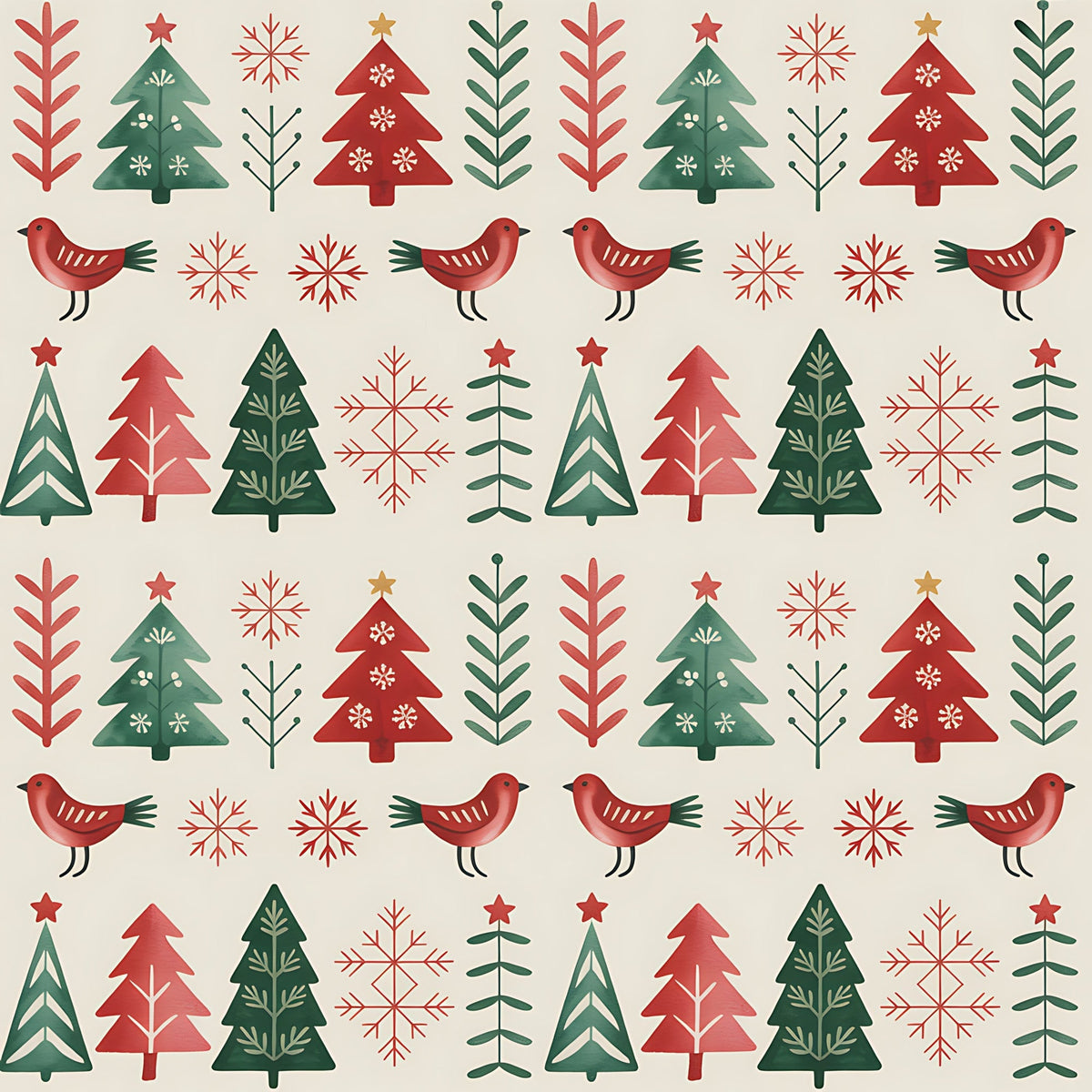 red, green, beige, cream, christmas trees, birds, snowflakes, folk art, scandinavian style, geometric patterns, repeating motifs, winter theme, holiday fabric,, fabric panel, festive design, nordic inspired, seasonal patterns, decorative elements, craft fabric