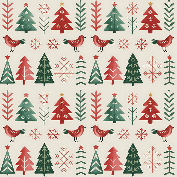 red, green, beige, cream, christmas trees, birds, snowflakes, folk art, scandinavian style, geometric patterns, repeating motifs, winter theme, holiday fabric,, fabric panel, festive design, nordic inspired, seasonal patterns, decorative elements, craft fabric
