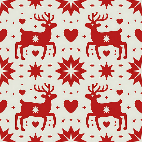 red, cream, reindeer, deer, hearts, stars, snowflakes, scandinavian folk, nordic design, christmas motifs, winter pattern,, fabric panel, geometric stars, holiday fabric, festive design, folk art style, repeating pattern, silhouette design, seasonal fabric
