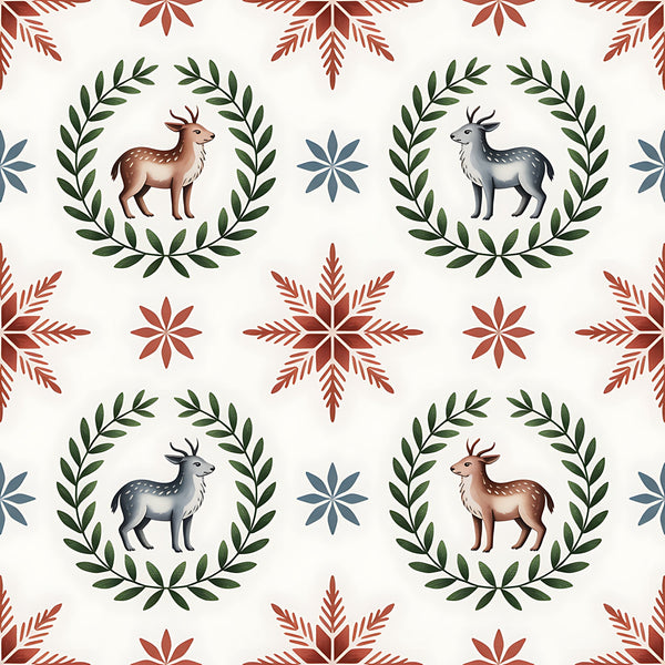 cream background, burgundy red, forest green, slate blue, deer motifs, laurel wreaths, snowflake patterns, folk art style, scandinavian design, christmas theme,, fabric panel, geometric florals, winter elements, repeating pattern, woodland animals, holiday crafting, nordic inspired, botanical borders, festive motifs