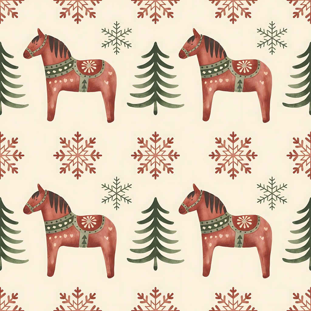 scandinavian folk, christmas pattern, dala horses, red horses, snowflakes, evergreen trees, coral red, sage green, cream background, nordic design, folk art, decorative horses, winter motifs,, fabric panel, geometric snowflakes, pine trees, festive pattern, repeating design, holiday fabric
