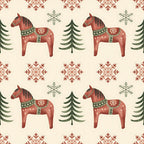 scandinavian folk, christmas pattern, dala horses, red horses, snowflakes, evergreen trees, coral red, sage green, cream background, nordic design, folk art, decorative horses, winter motifs,, fabric panel, geometric snowflakes, pine trees, festive pattern, repeating design, holiday fabric