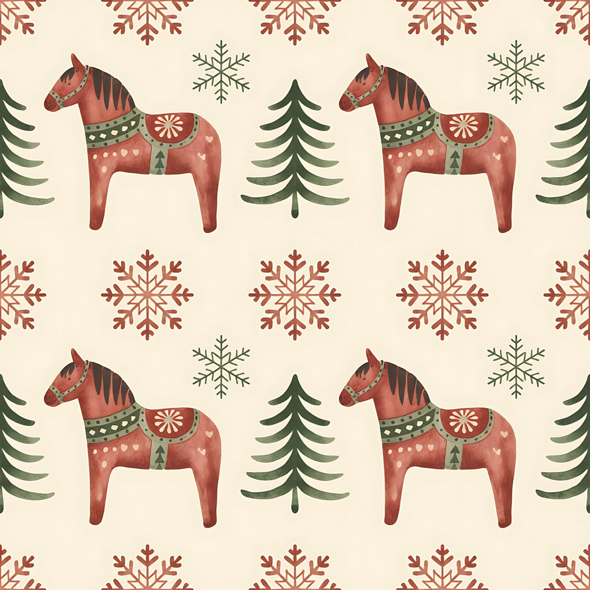 scandinavian folk, christmas pattern, dala horses, red horses, snowflakes, evergreen trees, coral red, sage green, cream background, nordic design, folk art, decorative horses, winter motifs,, fabric panel, geometric snowflakes, pine trees, festive pattern, repeating design, holiday fabric