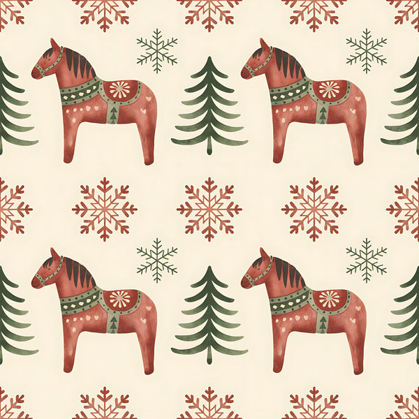 scandinavian folk, christmas pattern, dala horses, red horses, snowflakes, evergreen trees, coral red, sage green, cream background, nordic design, folk art, decorative horses, winter motifs,, fabric panel, geometric snowflakes, pine trees, festive pattern, repeating design, holiday fabric