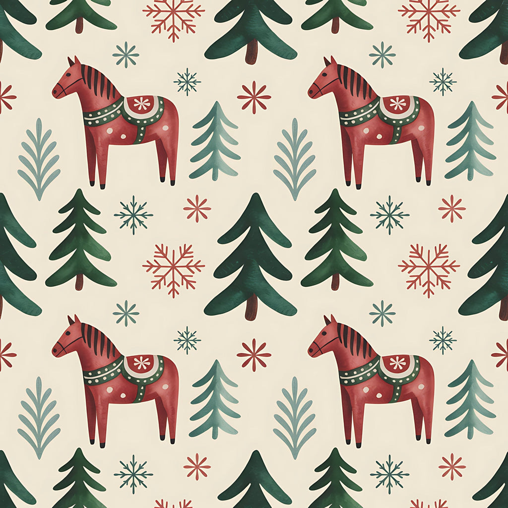 scandinavian folk, christmas pattern,, fabric panel, dala horses, red horses, evergreen trees, snowflakes, winter motifs, cream background, forest green, burgundy red, teal blue, folk art style, nordic design, repeating pattern, holiday fabric, winter wonderland, decorative horses, pine trees