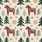 scandinavian folk, christmas pattern,, fabric panel, dala horses, red horses, evergreen trees, snowflakes, winter motifs, cream background, forest green, burgundy red, teal blue, folk art style, nordic design, repeating pattern, holiday fabric, winter wonderland, decorative horses, pine trees
