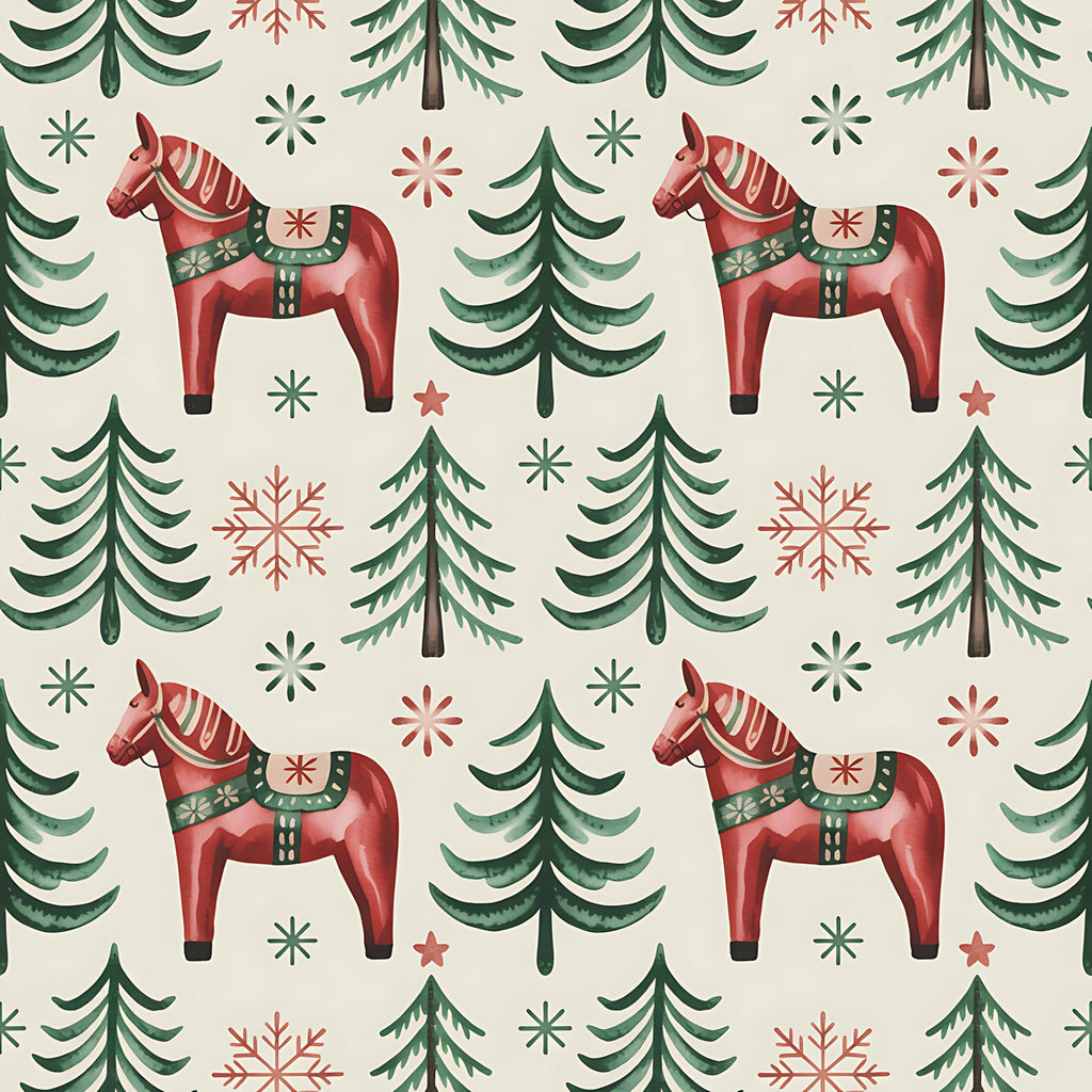 red horses, dala horses, evergreen trees, pine trees, snowflakes, stars, folk art, scandinavian style, christmas pattern, winter theme, forest green, coral red, cream background, repeating pattern,, fabric panel, nordic design, holiday motif, decorative saddles, festive elements