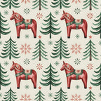 red horses, dala horses, evergreen trees, pine trees, snowflakes, stars, folk art, scandinavian style, christmas pattern, winter theme, forest green, coral red, cream background, repeating pattern,, fabric panel, nordic design, holiday motif, decorative saddles, festive elements
