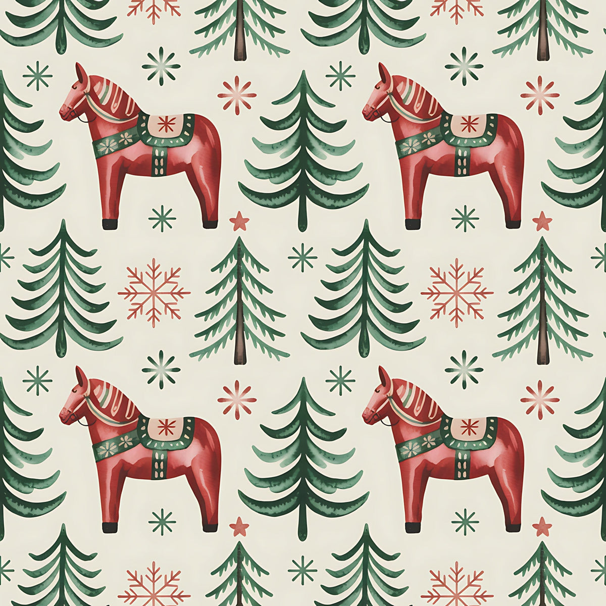 red horses, dala horses, evergreen trees, pine trees, snowflakes, stars, folk art, scandinavian style, christmas pattern, winter theme, forest green, coral red, cream background, repeating pattern,, fabric panel, nordic design, holiday motif, decorative saddles, festive elements